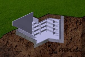 Řez plastovým sklepem zapuštěným v zemi. Sklep je vyroben z pevného plastového materiálu a je umístěn pod povrchem země. V řezu je vidět interiér sklepa s regálovým systémem pro uskladnění potravin a dalších předmětů. Díky svému plastovému provedení je sklep odolný vůči vnějším vlivům a umožňuje dlouhodobé skladování potravin a dalších materiálů ve stabilním a bezpečném prostředí.